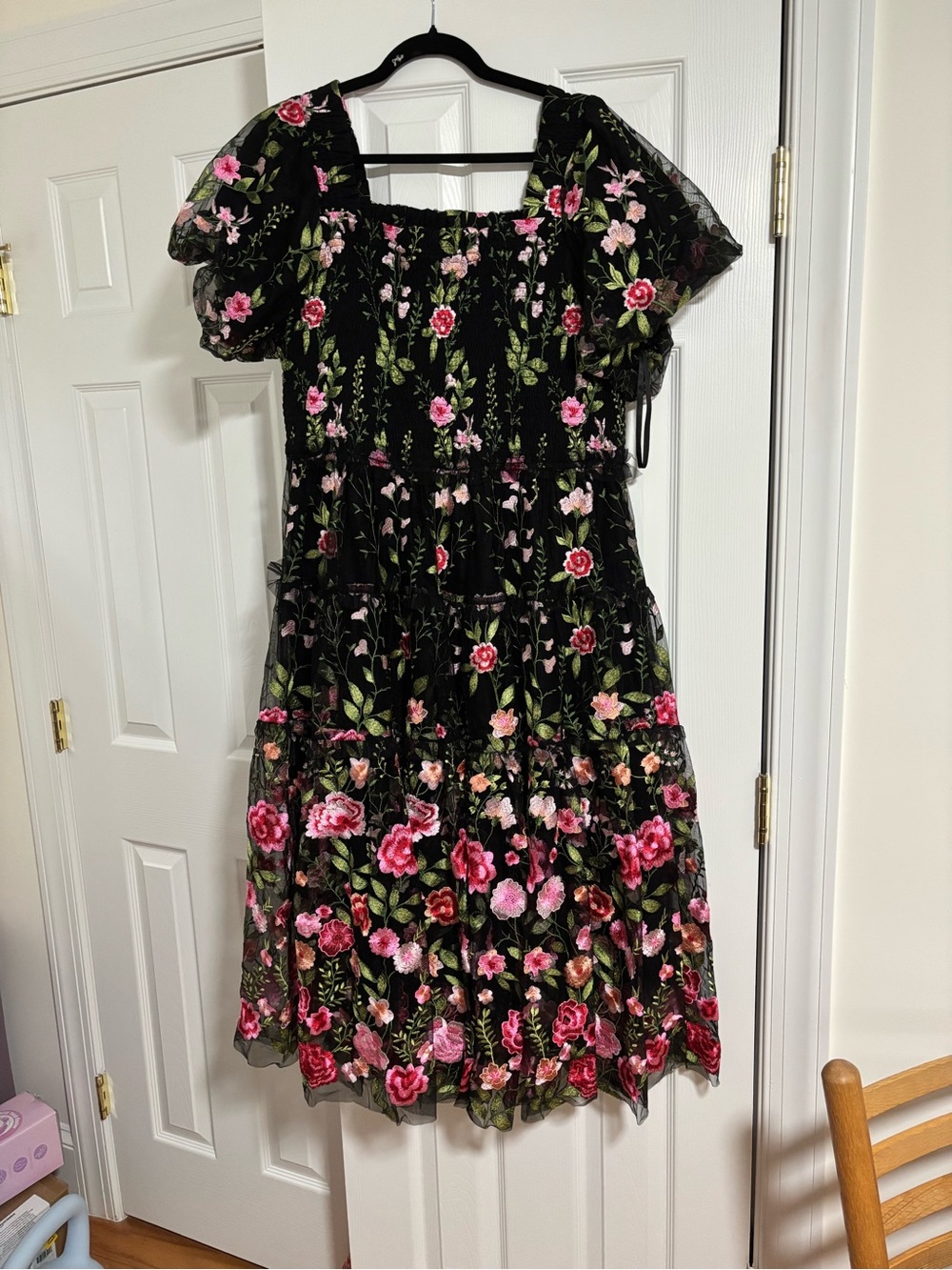 JessaKae Black Floral Midi Dress with Pink & Green Embroidery - Picture 3 of 8